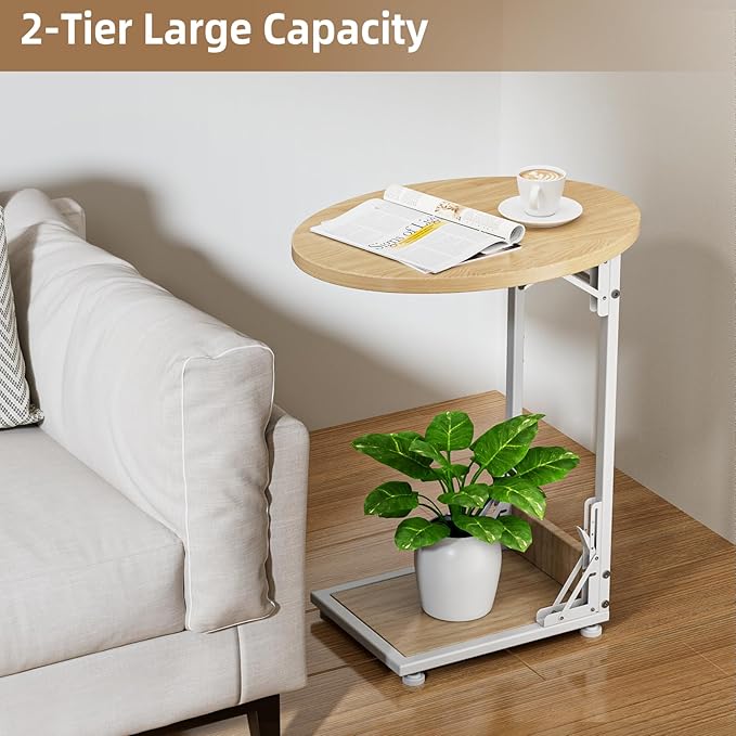 Elbourn Folding Side Table End Couch Tables, C-Shaped End Table for Living Room, Small End Table for Bedroom, Coffee Table(Nature Wood Color)