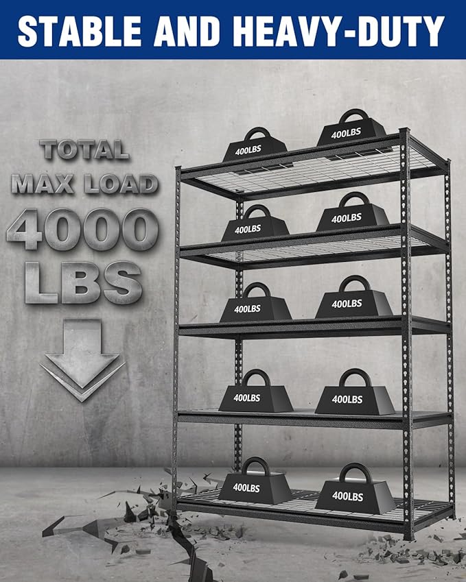 WORKPRO 5-Layer Heavy Duty Metal Storage Rack, 48”W x 24”D x 72”H, Adjustable Shelving Unit with 4000 lbs Total Load Capacity, for Garage, Kitchen, Bathroom, Warehouse