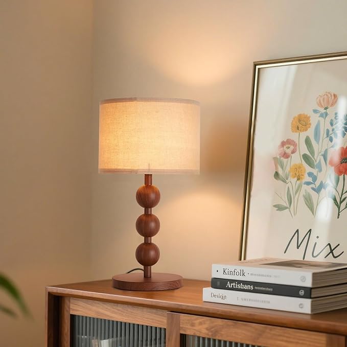 Bedside Nightstand Table Lamp for Bedroom Red Wood Pattern Iron Lamp with Fabric Shade, Mid Century Modern Farmhouse Table Lamp Desk Lamp for Living Room Home Office with LED E26 Bulb