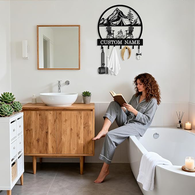 Personalized Camping Key Holder Wall Mount, Custom Metal Key Holder for Wall with Name, Custom Keys Rack Hanger with Hooks for Entryway, Front Door, Hallway, Living Room, Kitchen