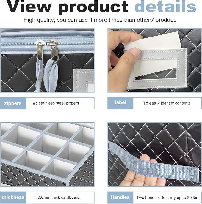 VERONLY China Dinnerware Storage Containers Set- Dish,Mug,Stemware Storage Cases - Quilted Box Bins Stackable with Divider,handles,Clear Window for Cups,Plates,Wine Glasses Moving Set of 6 (Grey