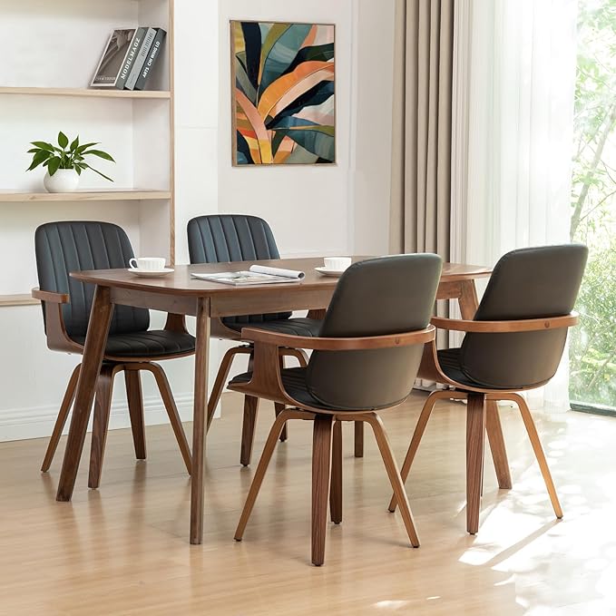 Swivel Dining Chairs, Set of 4 Kitchen Swivel Chairs with Walnut Craftsmanship, Upholstered Faux Leather, Wooden Arms and Legs, Walnut Dining Chairs for Kitchen/Living Room - Black