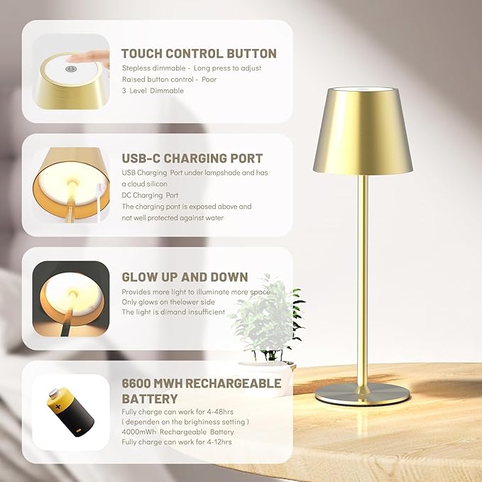 Maksone 2 Pack LED Cordless Table Lamp, 6600mWh Rechargeable Battery Desk Lamp, 3000K Stepless Dimming Night Light, IP54 Waterproof Metal Outdoor Portable Lamp for Camping, Restaurant (Gold)