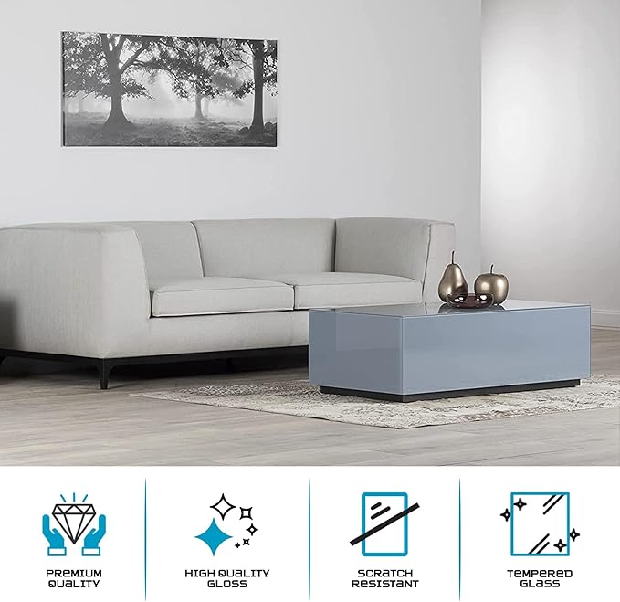 SONOROUS Premium Tempered Glass Coffee Table - Modern Gray Rectangular Coffee Tables for Living Room - High Gloss Fingerprint Resistant Mid Century Design - Stylish Living Room Furniture & Décor