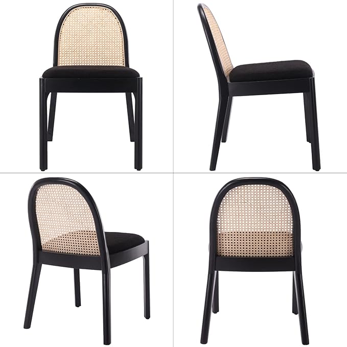 LukeAlon Modern Sherpa Dining Chairs Set of 6, Natural Woven Rattan Cane Back Side Chairs with Solid Wood Legs Mid Century Dinner Chairs for Kitchen Living Room, Black