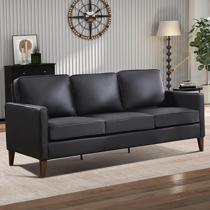 EBELLO 77” Mid Century Modern Sofa Couch, 3 Seater Faux Leather Couches for Living Room, Soft Padded Comfy Cushion, Small Sofa for Small Spaces, Apartment, Bedroom, Black