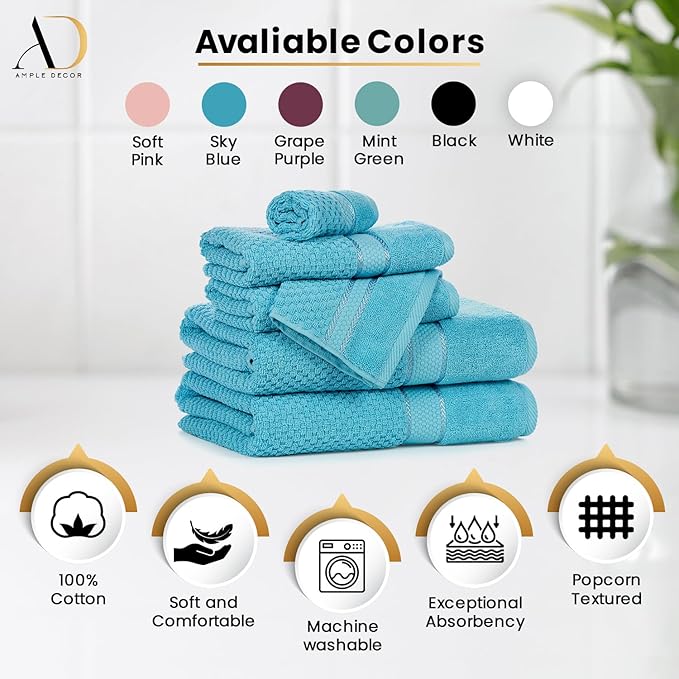 Ample Decor 100% Cotton Hand Towel for Bathroom Set of 4 - Popcorn Textured Towels - 18 X 28 Inch Sky Blue