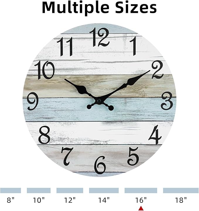 CHYLIN Wall Clock - 16 Inch Silent Non Ticking Coastal Wall Clocks Battery Operated, Wooden Rustic Farmhouse Clock Decorative for Living Room, Kitchen, Bathroom, Office (Blue)