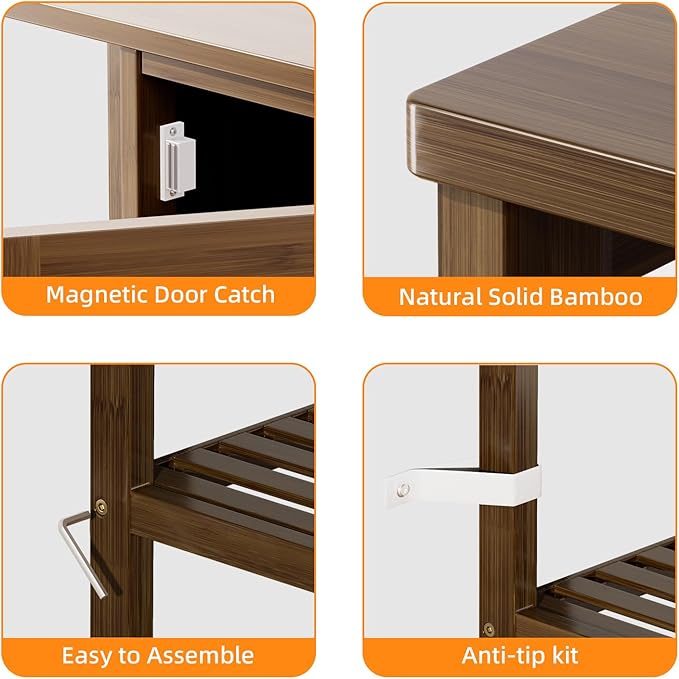 HITNET Bathroom Storage Cabinet Bamboo, Free Standing Floor Cabinet, Kitchen Cupboard Side Storage Organizer with Shutter Door and 3 Side Shelves, Walnut