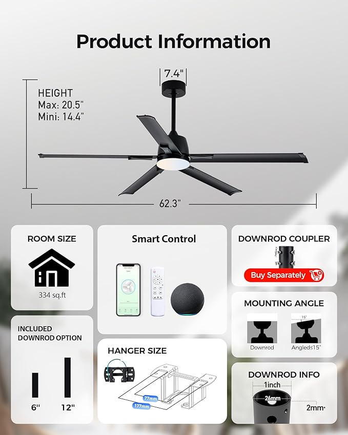 62 Inch Black Aluminum Ceiling Fan with Light,Smart ceiling fan with Alexa and APP(via WIFI),6 Speed,3CCT,Quiet DC Outdoor Indoor fan for patio and Living Room