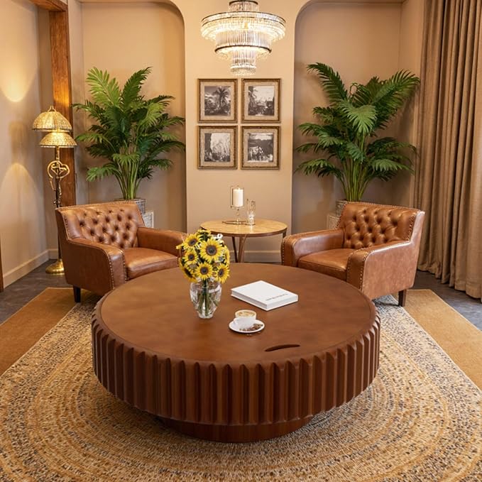 Round Drum Coffee Table with Storage Modern Coffee Table with Solid Wood Veneered Circle Center Table Accent Tea Table for Living Room Apartment Small Space (31.5in)