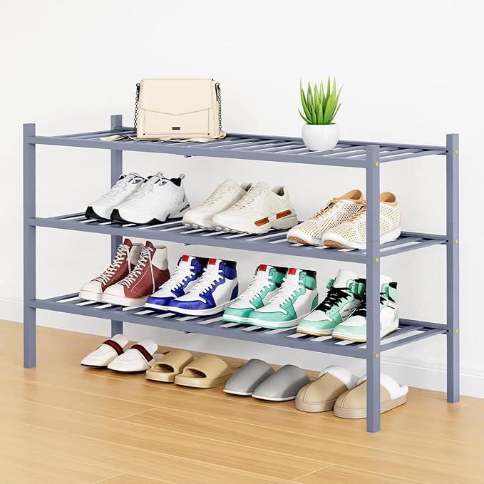 Smiry Shoe Rack, 3 Tier Long Bamboo Shoe Organizer, Stackable Free Standing Wooden Shoe Storage Shelf for Closet, Entryway, Front Door Entrance, Grey