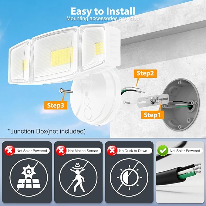 Onforu 80W 9000LM Flood Lights Outdoor, Brightness Security LED Flood Lights with 3 Adjustable Heads, Switch Controlled, IP66 Waterproof 6500K Outside Exterior Flood Light for Yard Garage Eave Patio