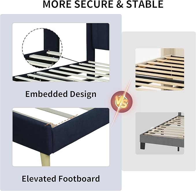 Queen Size Upholstered Platform Bed Frame with Modern Wingback & Vertical Panel Headboard, Linen Fabric, Wooden Legs & Slats Support, No Box Spring Needed, Noise-Free & Easy Assembly, Dark Blue