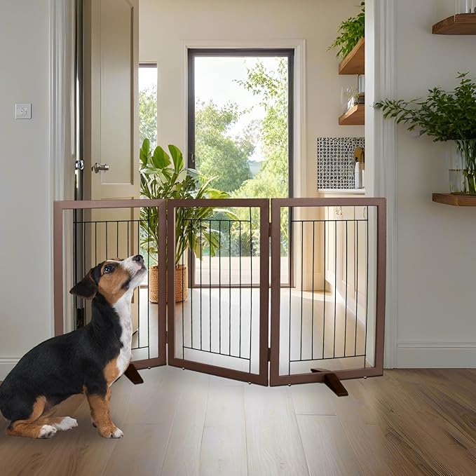 ZJSF Freestanding Dog Gate Indoor, Foldable Dog Fence for Doorways,Hallways or Stairs, Sturdy Wood Extra Wide Pet Gate with Support Feet,Brown,32 "Height-3 Panels