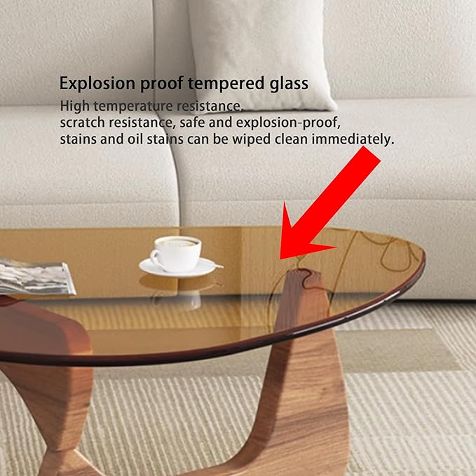 EASYSOUL Modern Glass Coffee Table, 44.88" D x 32.28" W x 15.75" H, Abstract Round Tea Tables for Living Room Home Office Industrial Cocktail Tables (Walnut-Brown Glass, 44.88")