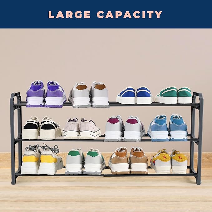 Happhom 3-Tier Expandable Shoe Organizer - Space Saver Shoe Shelf with Smart Design for Closet, Entryway and Small Spaces, Dark Grey (CSR-01)