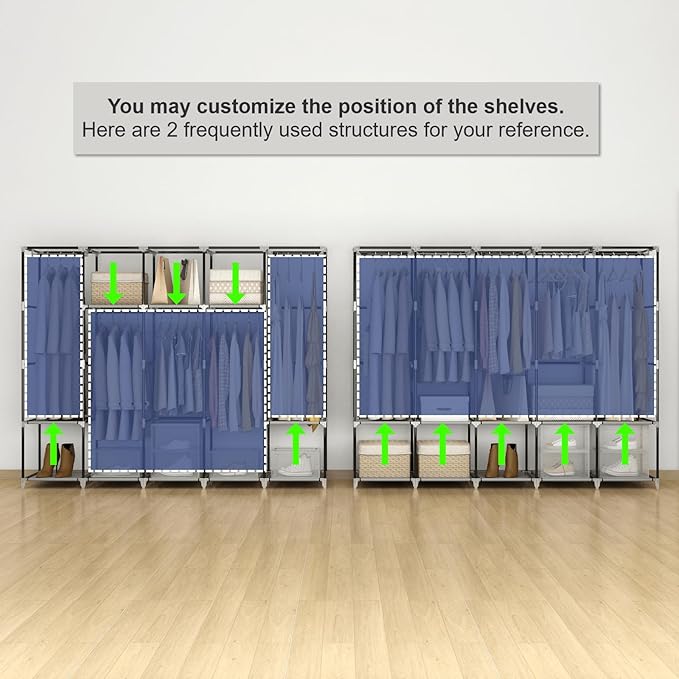 83 Inch Wide Portable Closet Wardrobe, Clothes Storage Rack Organizer with Cover, 5 Clothes Hanging Rods and 10 Storage Shelves, Grey