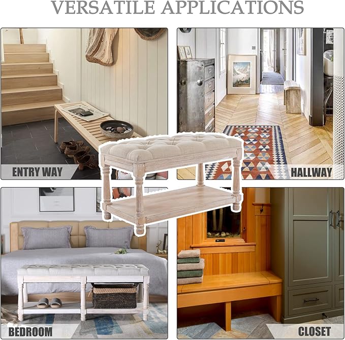 Kmax Storage Entryway Bench Tufted Shoe Rack Bench Wood Window Bench for Hallway Entrance Bedroom Corner-1 Seat, Beige