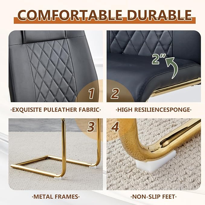 63'' Glass Dining Table Set for 4, Kitchen Table Chairs Set of 4, Clear Glass Dining Table with Black unique design Leg and Gold Metal Base, 4 PU Dining Chairs with Metal Legs, Living Room, Kitchen.