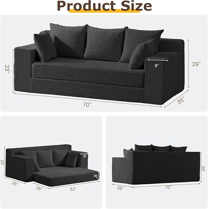 3 Seater Boneless Couch for Living Room, Convertible Futon Sofa Bed Comfy Pull Out Couch with 5 Pillows & Detachable Washable Cover, Upholstered Floor Sofa in A Box, No Assembly Required, Black