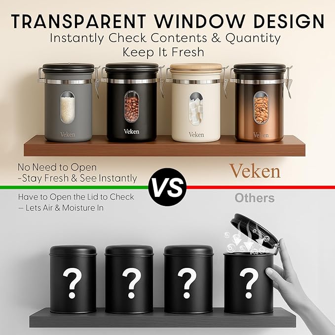 Veken Coffee Canister with Window, Airtight Stainless Steel Kitchen Food Storage Container with Lids, Date Tracker and Scoop for Grounds Coffee, Beans, Tea, Flour, Cereal, Sugar Jars, 16OZ, Cream