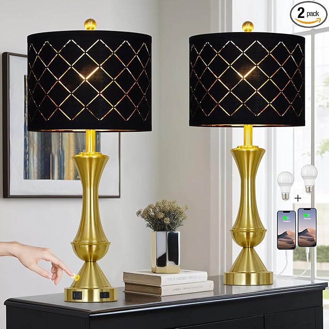 29" Gold Modern Table Lamps Set of 2, 3-Way Dimmable Touch Lamps for Nightstand with USB A+C & Outlets,Brass Lamps for Living Room, Bedroom, Nightstand, Entryway(2 Bulbs Included)