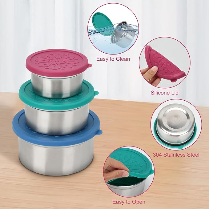 304 Stainless Steel Snack Containers, 3pcs Food Storage Containers with Leakproof Silicone Lids Lunch Box Dressing Containers for Condiments Dishwasher & Freezer Safe