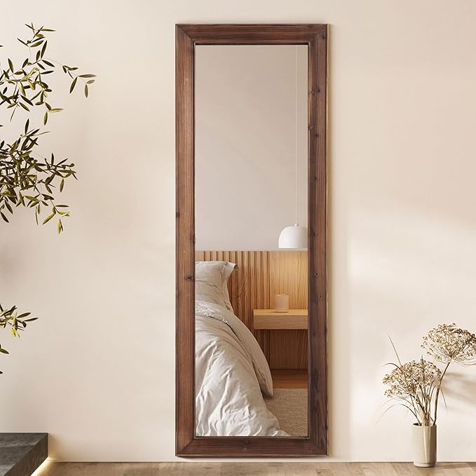 Farmhouse Standing Mirror Full Length, 64"X21" Rustic Wood Frame Floor Mirror with Stand, Full Body Mirror for Bedroom Living Room Entryway, Hanging or Leaning Wall-Mounted, Tempered Glass, Brown
