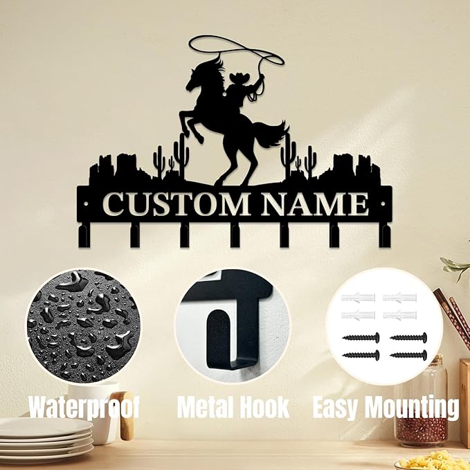 Personalized Custom Name West Cowboy Keys Hooks,Metal Cowboy Art Clothes Keys Hooks,Metal Cowboy Lover Wall Home Storage Decorative Keys Hooks,Key Holder Hooks for Wall (Style E)