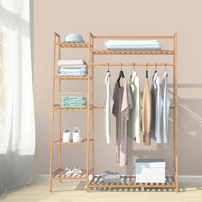 RELIANCER Bamboo Clothing Garment Rack,Free Standing Clothes Coat Hanger,Closet Organizer w/Shoe Rack,Multi-tiered Wardrobe Storage Shelves,Clothes Hanging Racks for Hall,Living Room,Bedroom,Entryway
