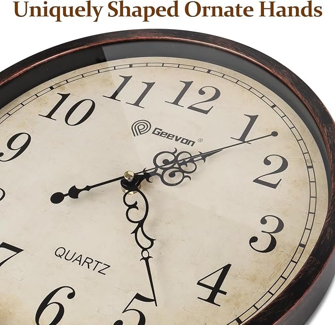 Geevon Retro Silent 12 Inch Wall Clock Non Ticking, Rustic Vintage Clock Quartz Decorative, Battery Operated Wall Clock for Kitchen/Office/Classroom/Bedroom/Living Room Decor