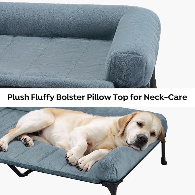 Veehoo Cooling Elevated Dog Bed with Fluffy Plush Bolster Cushion, Indoor Raised Dog Beds for Large Dogs, Soft Pet Sofa Cot with Removable Washable Mat, No-Slip Feet, 59 x 37 inches, Haze Blue
