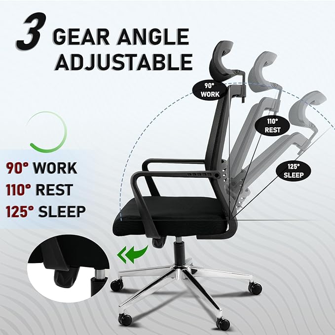 Ergonomic Office Chair,High Back Desk Chair with 3 Gear Tilting Backrest and Adjustable Headrest,400lbs Weight Capacity Integrated Metal Base with Swivel Wheels,Comfort Breathable Mesh