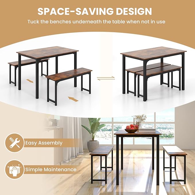 LDAILY Moccha Dining Table Set for 4, Kitchen Table with Benches,43 Inch 3-Piece Wooden Space-Saving Dinette Set with Metal Frame for Kitchen, Dining Room,Small Spaces, Rustic Brown & Black