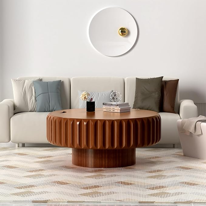 31.5" Drum Coffee Table with Storage Modern Unique Fluted Tea Table Contemporary Round Coffee Table with Fluted Center Table for Small Space Apartment(31.5in)