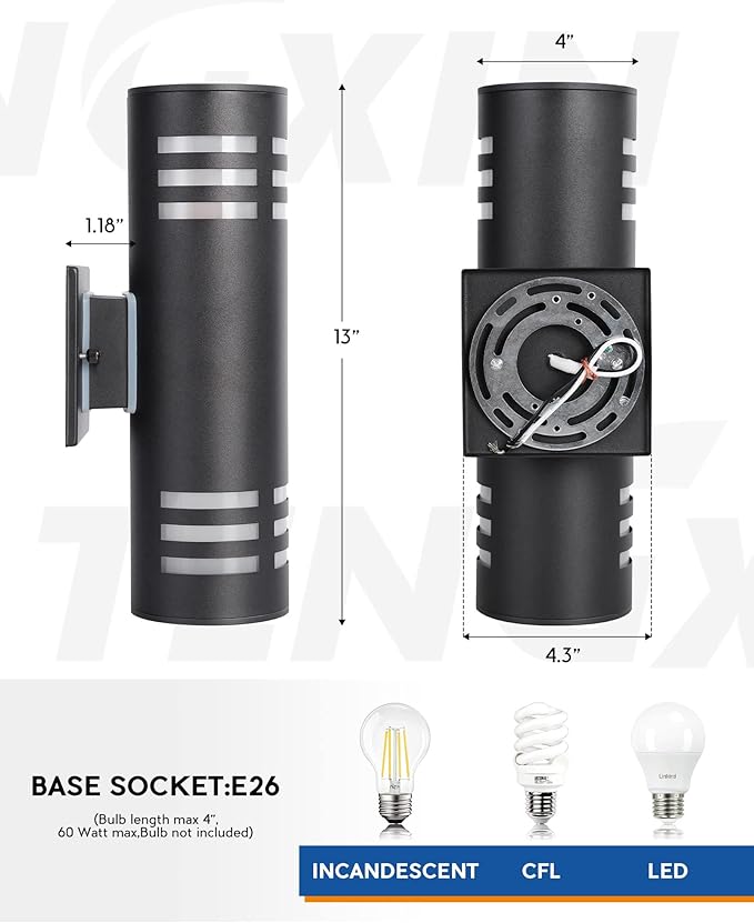 TENGXIN Outdoor Exterior Wall Light,Up and Down Cylinder Modern Porch Light,Stainless Steel 304 and Toughened Glass,Black Finished,E27,UL Listed