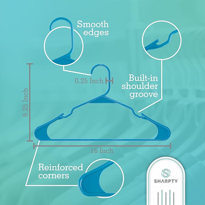 Sharpty Plastic Hangers Clothes Hangers for Clothing, Closet, Coats & Shirts - Notched, Durable, Thick, Tough & Space Saving - for Everyday Standard Use, Room Essentials & Basics - 20 Pack - Blue