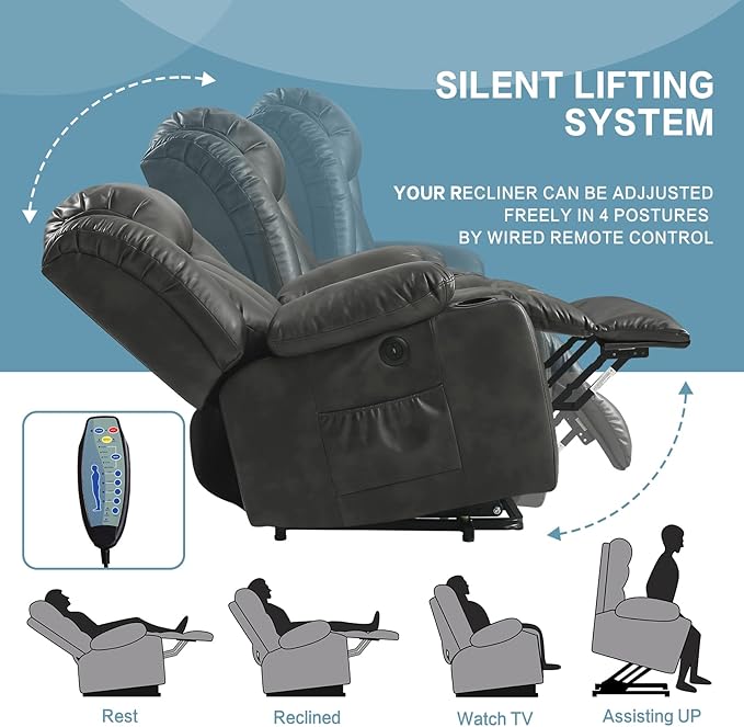 PARKOL Power Lift Recliner Chair for Elderly Breathable Leather Recliner Chair with Massage and Heat for People Limited Mobility (Sliver Gray, Small)
