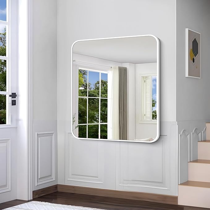 BONEWEI White Bathroom Mirror,36x40 inch Wall Mirror for Bathroom Wall Mounted,Rectangle Mirror for Bathroom Over Sink,Modern Frame Round Corner for Living Room,Bedroom Entryway,Horizontal/Vertical