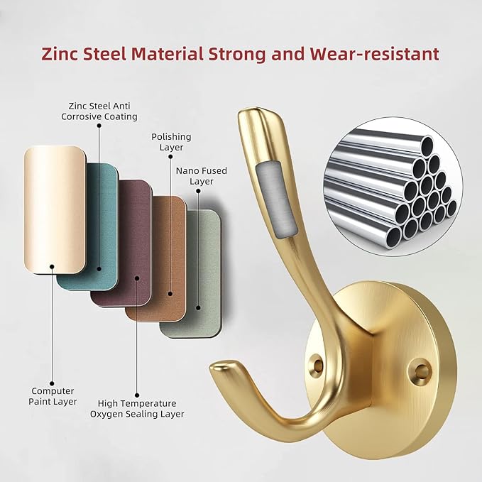 ZUONAI Gold Bathroom Towel Hooks Gold Coat Hooks 2 Pack Heavy Duty Brushed Towel Hooks Screws Solid Brass Wall Hooks for Hanging Coats, Hats, Jacket, Clothing and Keys in Bedroom Bathroom