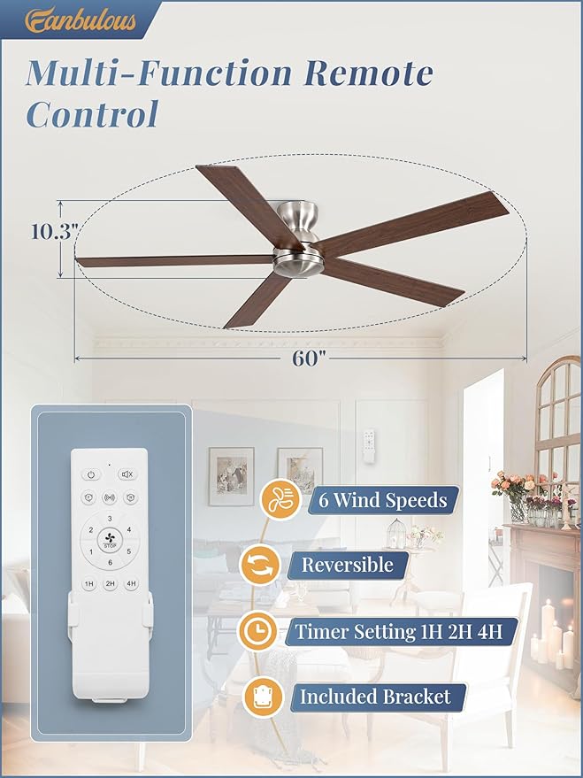 60 Inch low profile ceiling fan, Brushed Nickel Large Ceiling Fan no Lights, 6-Speeds, Quiet Reversible DC Motor, Indoor/Outdoor Ceiling Fans no light for Patios, Living Room, Bedroom