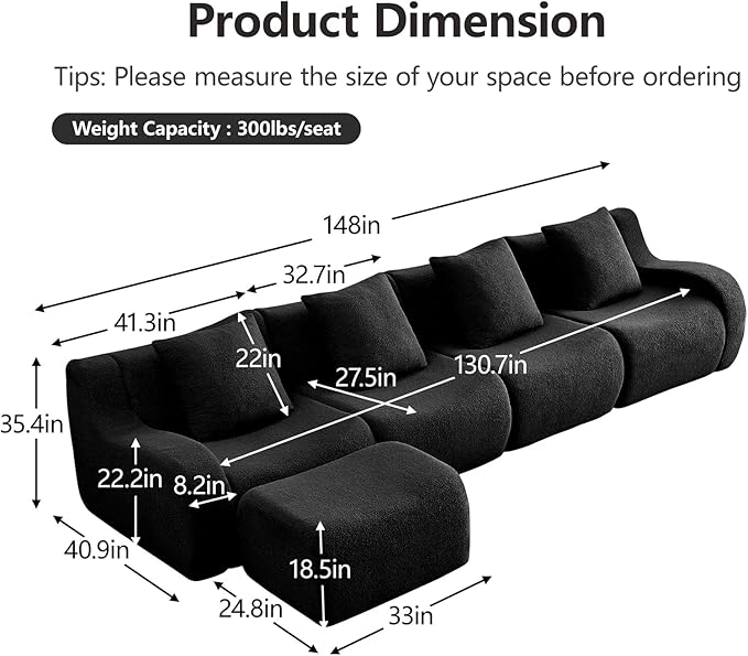 Black L-Shaped Cloud Couch with 1 Ottoman, Modern Teddy Fabric Boneless Sectional Sofa in a Box, Modular Floor Sofa for Living Room, Deep Seat, No Assembly Required, Sofas para Sala