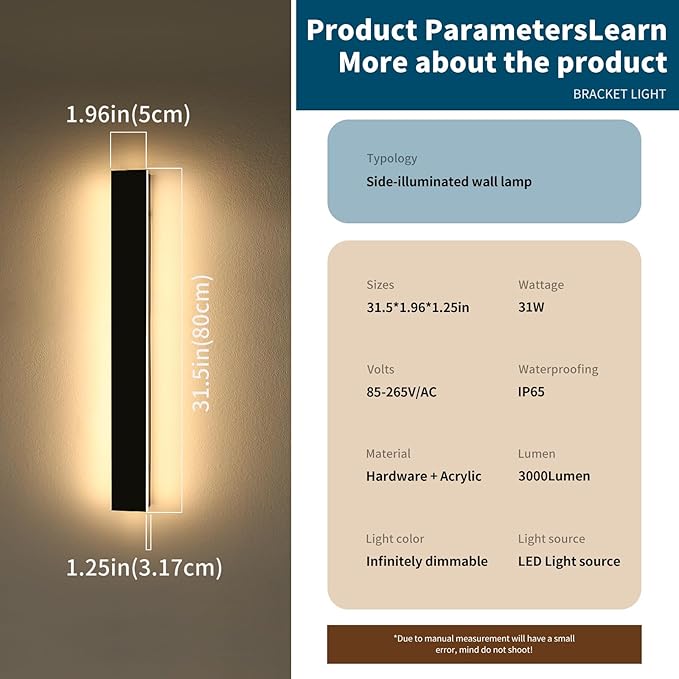 2 Pack 31.4inch Modern Outdoor LED Wall Sconce, Dimmable 3000K-6000K with Remote Control, IP65 Waterproof, Black Aluminium Long Exterior Wall Light Fixture for Porch, Patio, Garage, Yard