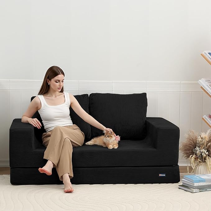 COMAX Convertible Sofa Bed Queen, Folding Fold Out Couch Bed, Floor Futon Couch Corduroy Sleeper Mattress with Back Pillows, Boneless Sofa Comfy Lounge Loveseat for Living Room Bedroom, Black