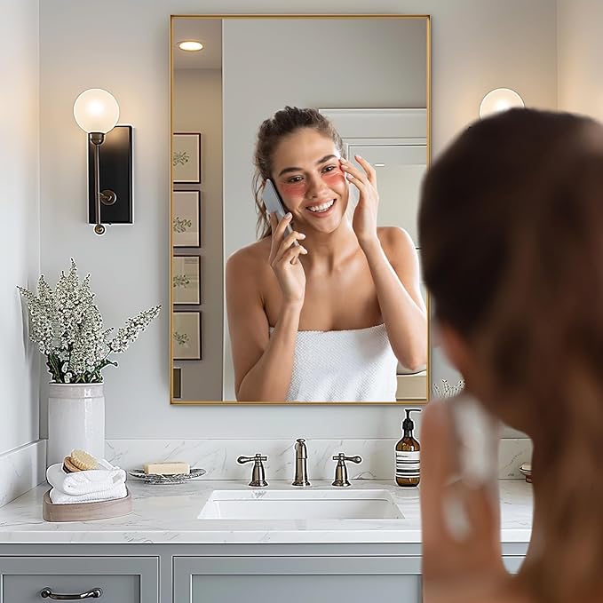 Wall Mirror 24" x 36" for Bathroom Modern Gold Deep Frame Mirror for Wall Decorative Horizontal or Vertical Wall Mounted Mirror for Bedroom Living Room Entryway Wall Decor