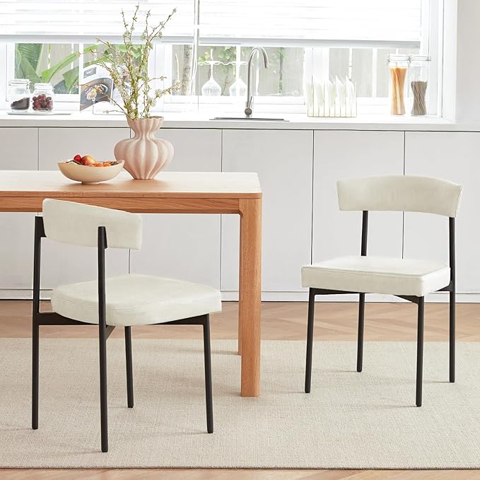 Beige Faux Leather Dining Chairs Set of 2, Armless Upholstered Kitchen Chair,Modern Dining Room Chair with Curved Backrest