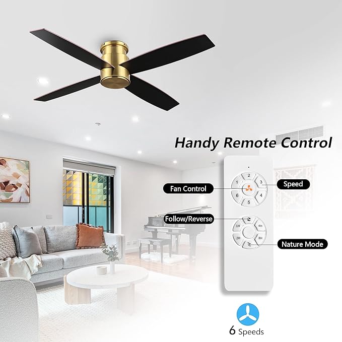 WINGBO 52" Flush Mount DC Ceiling Fan without Lights, 4 Reversible Blades, Ultra Quiet 6-Speed DC Motor, Hugger Low Profile Indoor Ceiling Fan No Lights, Brass Finish
