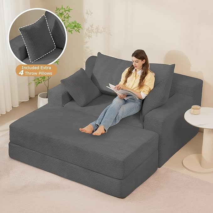 Convertible Futon Sofa Bed with Ottoman, 5 in 1 Folding Couch Bed Loveseat Sleeper, Corduroy Boneless Couch with Deep Seat for Living Room Chaise Lounge Chair Indoor, No Assembly Required, Grey