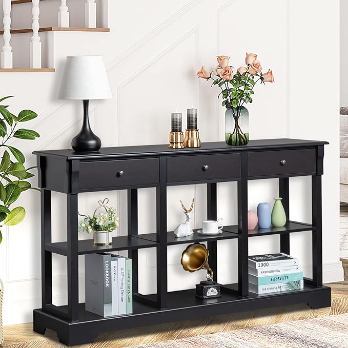Karl home Console Table with 3 Drawers, 58" W Entryway Desk Sofa Side Table with 6 Bottom Cube Storage Shelves, Vintage TV Stand for Hallway Living Room Office, Black 32.5" H